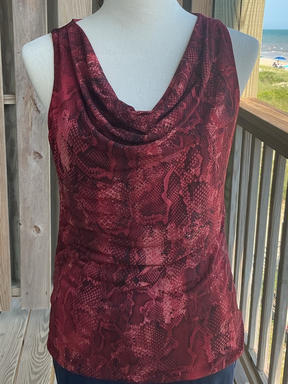 White House Black Market Burgundy Snake-Print Cowl Neck Tank - Picture 2 of 15